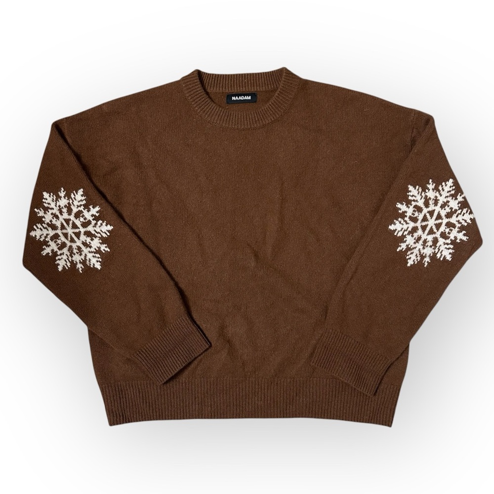 Naadam Brown Crewneck Sweater With White Snowflake Design- Medium- 100% Cashmere